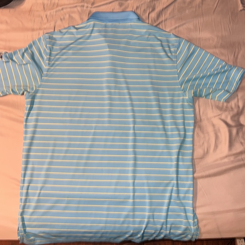 Peter Millar Summer Comfort Men’s Large Blue and Yellow Striped Polo - Picture 3 of 4